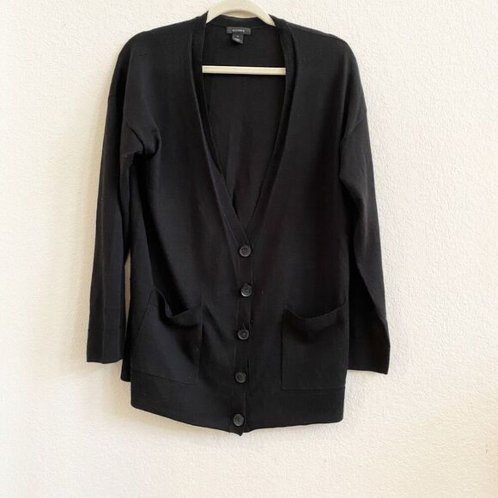 Halogen Women’s Merino Wool Blend Cardigan Sweater Black V-Neck Pockets Size M